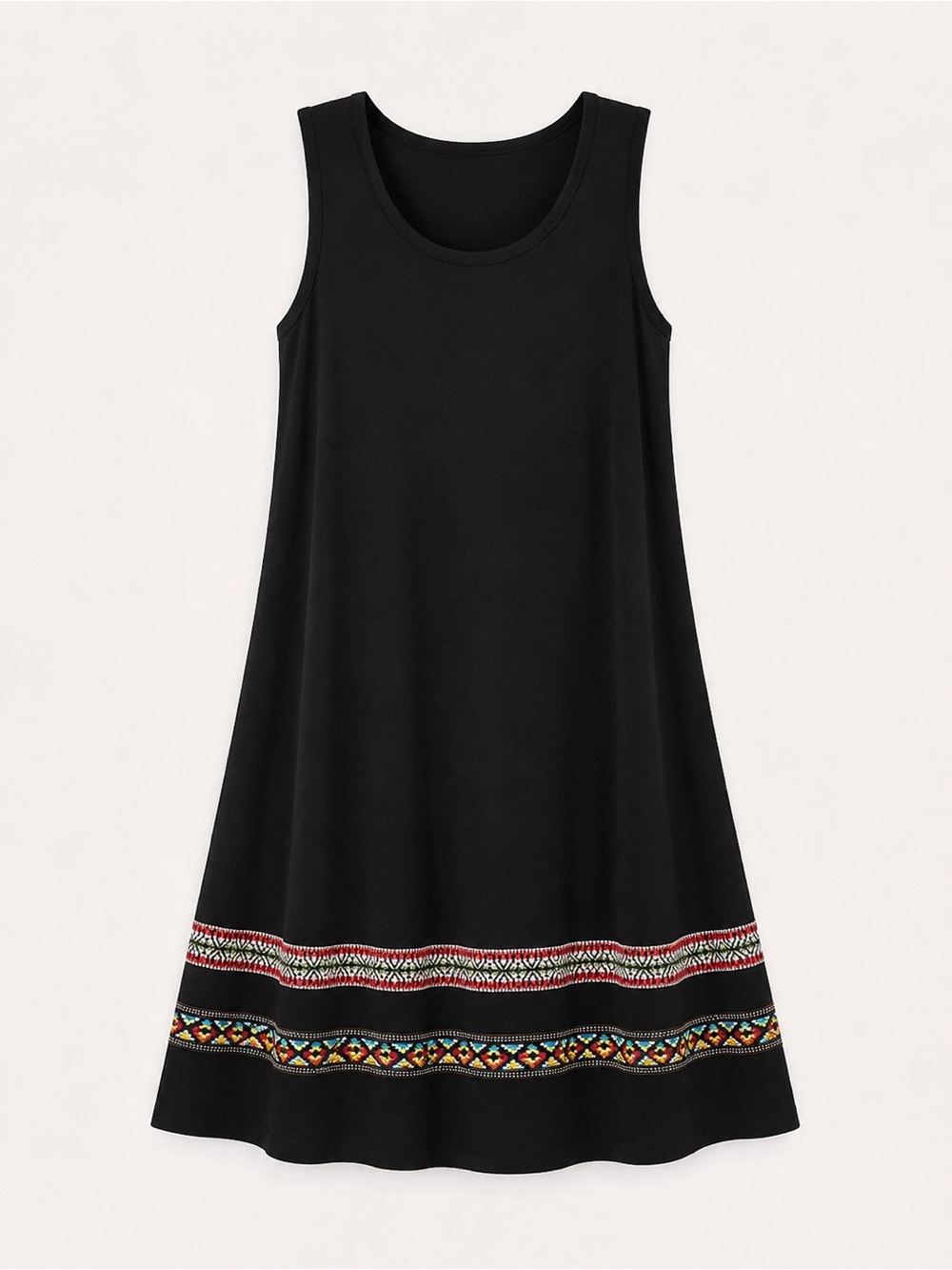 Black Sleeveless A-Line Dress with Embroidered Hem